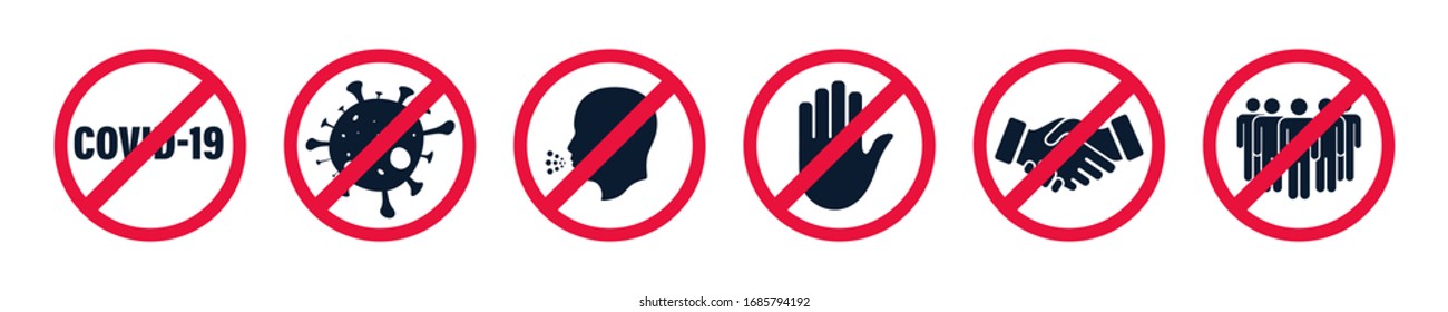 Coronavirus, 2019-nCoV.  Set of Stop Red prohibition sign. Forbidden signs collection, No crowd, handshake, contact, touch, coronavirus, cough. Stop Red sign . Dangerous