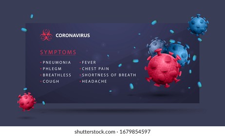 Síntomas del Coronavirus 2019-nCoV, bandera azul con moléculas del coronavirus 3D rosa y azul. Banner 3D con una lista de síntomas del coronavirus en un diseño moderno. Coronavirus 2019-nCoV.