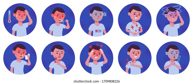 Coronavirus 2019-nCoV symptoms flat icons set, Colorful symbols pack contains - fever, cough, sore throat, headache, man in mask. Coronavirus covid-19 prevention vector illustration. Flat style design