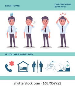 Coronavirus 2019-nCoV symptoms, healthcare and medicine infographic.Human are showing coronavirus symptoms and risk factors. Symptoms of coronavirus. Signal of Coronavirus.
