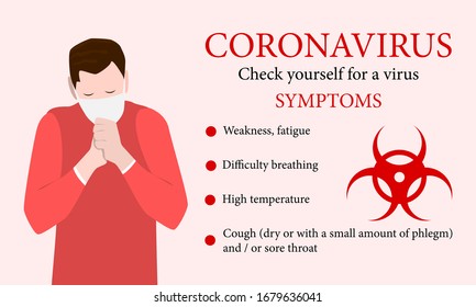 Coronavirus (2019-nCOV) symptoms, a man in a medical mask coughs into his hand, vector illustration