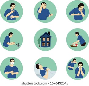 Coronavirus 2019-nCoV symptoms, preventions, healthcare and medicine infographic: cough, fever, shortness of breath. Wear facemsk, wahs hands, stay home. Vector illustration for print, guid, poster