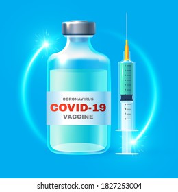 Coronavirus 2019-nCoV Vaccile. Stop Coronavirus design with realistic glossy medical syringe. Healthcare design.