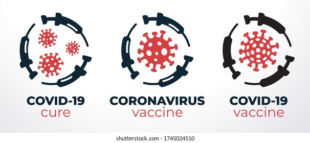 Coronavirus 2019-nCoV vaccine or cure logos with syringes about the time when Covid-19 disease is defeated, medical victory over the corona virus and quarantine end. Flat black and red silhouettes.