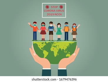 Coronavirus 2019-NCOV, Vector illustration of Group people wearing protective medical mask on green world, Healthcare and Safety concept,Stop coronavirus