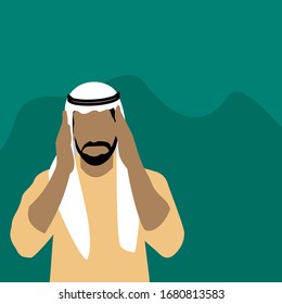 Coronavirus, 2019-nCoV. Vector illustration man rubbing head with hands, having headache, migraine. Cough, sneezing, sore throat symptoms. Muslim sheikh in thobe and ghutrah. flyer, banner, poster