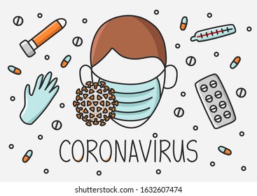 Coronavirus 2019-nCoV vector illustration of respiratory protection mask on the face on a light background