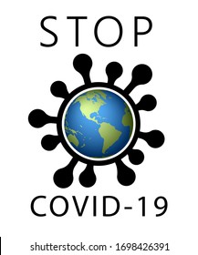 Coronavirus 2019-nCoV world stop icon. Corona virus map banner. Planet 3D sign isolated white background. Pathogen respiratory infection. Poster bacteria pandemic. Corona-virus Vector illustration