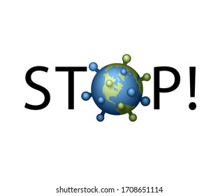 Coronavirus 2019-nCoV world stop icon. Corona virus map banner. Planet 3D sign isolated white background. Stop pathogen respiratory infection Poster bacteria pandemic. Corona-virus Vector illustration