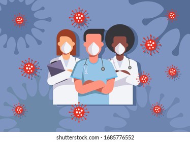 Coronavirus 2019-nCoV.doctors characters in white medical face mask protection. Stop Coronavirus concept. Medical team doctor nurse therapist surgeon professional hospital workers, group of medics.