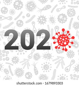 Coronavirus 2020 year concept with original inscription with virus icon on bacteria and germs seamless pattern. Vector illustration