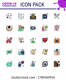 CORONAVIRUS 25 Flat Color Filled Line Icon set on the theme of Corona epidemic contains icons such as virus; protection; building; flu; medicine viral coronavirus 2019-nov disease Vector Design