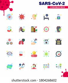 CORONAVIRUS 25 Flat Color Icon set on the theme of Corona epidemic contains icons such as lotion; hospital bed; corona virus; bed; virus viral coronavirus 2019-nov disease Vector Design Elements
