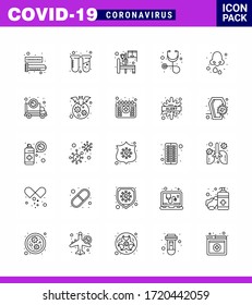 CORONAVIRUS 25 line Icon set on the theme of Corona epidemic contains icons such as drops; allergy; bed; stethoscope; diagnosis viral coronavirus 2019-nov disease Vector Design Elements