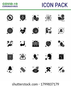 CORONAVIRUS 25 Solid Glyph Icon set on the theme of Corona epidemic contains icons such as banned travel; science; virus; laboratory; virus viral coronavirus 2019-nov disease Vector Design Elements