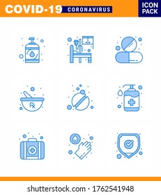 CORONAVIRUS 9 Blue Icon set on the theme of Corona epidemic contains icons such as medicine; mixing; capsule; herbal; tablet viral coronavirus 2019-nov disease Vector Design Elements