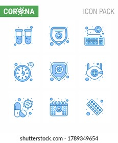 CORONAVIRUS 9 Icono azul sobre el tema de la epidemia de Corona contiene íconos como la protección; temporizador; teclado; tiempo; enfermedad coronavirus viral reloj 2019-nov Elementos de diseño de vectores
