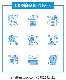 El icono azul CORONAVIRUS 9 sobre el tema de la epidemia de Corona contiene íconos como la búsqueda; gérmenes; sanitizador de mano; encontrar; enfermedad coronavirus viral de seguridad 2019-nov Elementos de diseño de vectores