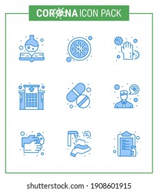 CORONAVIRUS 9 Blue Icon set on the theme of Corona epidemic contains icons such as tablet; medicine; dirty; hospital; building viral coronavirus 2019-nov disease Vector Design Elements
