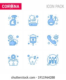 CORONAVIRUS 9 Blue Icon set on the theme of Corona epidemic contains icons such as shake hand; no; water bowl; hand; virus viral coronavirus 2019-nov disease Vector Design Elements