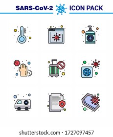 CORONAVIRUS 9 Filled Line Flat Color Icon set on the theme of Corona epidemic contains icons such as cancel; infect; soap; hands; dirty viral coronavirus 2019-nov disease Vector Design Elements