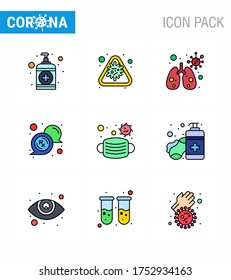 CORONAVIRUS 9 Filled Line Flat Color Icon set on the theme of Corona epidemic contains icons such as mask; rx; virus; message; bubble viral coronavirus 2019-nov disease Vector Design Elements