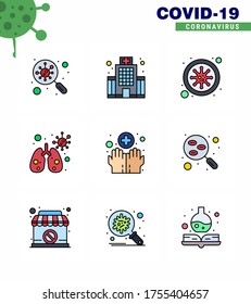 CORONAVIRUS 9 Filled Line Flat Color Icon set on the theme of Corona epidemic contains icons such as hygiene; virus; healthcare; infedted; blood viral coronavirus 2019-nov disease Vector Design
