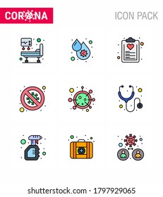 CORONAVIRUS 9 Filled Line Flat Color Icon set on the theme of Corona epidemic contains icons such as scientist; forbidden; check list; diagnosis; plan viral coronavirus 2019-nov disease Vector Design 