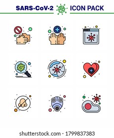 CORONAVIRUS 9 Filled Line Flat Color Icon set on the theme of Corona epidemic contains icons such as spread; protection; medical; corona; website viral coronavirus 2019-nov disease Vector Design