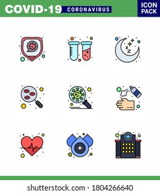 CORONAVIRUS 9 Filled Line Flat Color Icon set on the theme of Corona epidemic contains icons such as bacteria; sample; moon; research; blood viral coronavirus 2019-nov disease Vector Design Elements