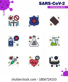 CORONAVIRUS 9 Filled Line Flat Color Icon set on the theme of Corona epidemic contains icons such as lab; protection; capsule; virus; cleaning viral coronavirus 2019-nov disease Vector Design Elements