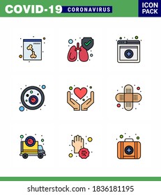 CORONAVIRUS 9 Filled Line Flat Color Icon set on the theme of Corona epidemic contains icons such as aid; heart; services; hands; virus viral coronavirus 2019-nov disease Vector Design Elements