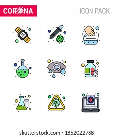 CORONAVIRUS 9 Filled Line Flat Color Icon set on the theme of Corona epidemic contains icons such as eye; research; hands; lab; test viral coronavirus 2019-nov disease Vector Design Elements