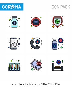 CORONAVIRUS 9 Filled Line Flat Color Icon set on the theme of Corona epidemic contains icons such as medical assistance; online; bacteria; mobile; healthcare viral coronavirus 2019-nov disease Vector