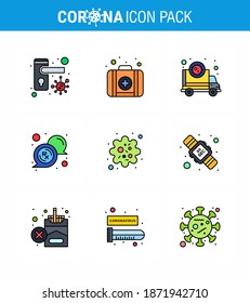 CORONAVIRUS 9 Filled Line Flat Color Icon set on the theme of Corona epidemic contains icons such as particle; rx; corona; message; bubble viral coronavirus 2019-nov disease Vector Design Elements