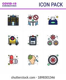 CORONAVIRUS 9 Filled Line Flat Color Icon set on the theme of Corona epidemic contains icons such as health; virus; napkin; transmission; corona viral coronavirus 2019-nov disease Vector Design 