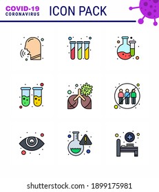 CORONAVIRUS 9 Filled Line Flat Color Icon set on the theme of Corona epidemic contains icons such as disease; lab; test tubes; test tube; blood viral coronavirus 2019-nov disease Vector Design Element