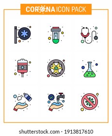 CORONAVIRUS 9 Filled Line Flat Color Icon set on the theme of Corona epidemic contains icons such as hazard; health care; healthcare; treatment; drip viral coronavirus 2019-nov disease Vector Design 
