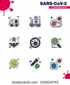 CORONAVIRUS 9 Filled Line Flat Color Icon set on the theme of Corona epidemic contains icons such as coronavirus; bat; vehicle; steak; no viral coronavirus 2019-nov disease Vector Design Elements