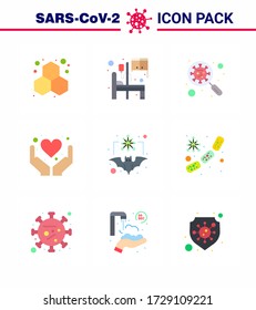 Das CORONAVIRUS 9 Flachfarbicon zum Thema Corona-Epidemie enthält Symbole wie das Gesundheitswesen. Hände; Scan-Virus; Pflege; Lupe des viralen Coronavirus 2019-nov Krankheit Vector Design Elements
