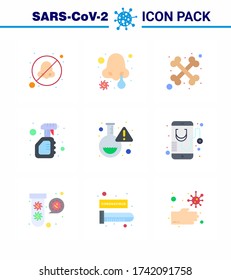 Das CORONAVIRUS 9 Flachfarbicon zum Thema Corona-Epidemie enthält Symbole wie das Labor. Virus, Knochen; Flasche; Vector Design Elements