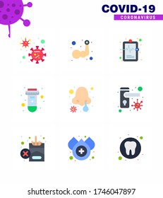 CORONAVIRUS 9 Flachfarbicon zum Thema Corona-Epidemie enthält Symbole wie Kälte; Rohr Aufbau des Körpers; Prüfung; Viruscoronavirus 2019-nov-Krankheit Vector Design Elements