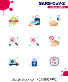 CORONAVIRUS 9 Flat Color Icon set on the theme of Corona epidemic contains icons such as  scan; find; sanitizer; bacteria; wash viral coronavirus 2019-nov disease Vector Design Elements