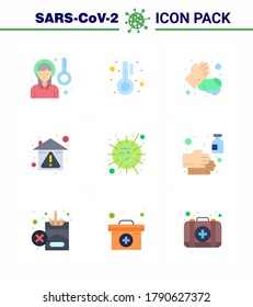 CORONAVIRUS 9 Flat Color Icon set on the theme of Corona epidemic contains icons such as  stay home; prevent; thermometer; hygiene; washing viral coronavirus 2019-nov disease Vector Design Elements