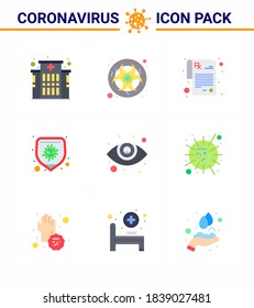 CORONAVIRUS 9 Flat Color Icon set on the theme of Corona epidemic contains icons such as  ophthalmology; eye care; pharmacy; virus; bacteria viral coronavirus 2019-nov disease Vector Design Elements