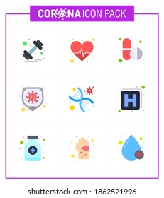 CORONAVIRUS 9 Flat Color Icon set on the theme of Corona epidemic contains icons such as  genetics; virus; medicine; protection; disease viral coronavirus 2019-nov disease Vector Design Elements