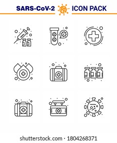 CORONAVIRUS 9 Line Icon set on the theme of Corona epidemic contains icons such as  kit; water; virus; drop; sign viral coronavirus 2019-nov disease Vector Design Elements