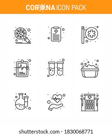 CORONAVIRUS 9 Line Icon zum Thema Corona-Epidemie enthält Symbole wie Bluttests; Krankenakte; Krankenhauszeichen; Krankheit; Viruscoronavirus 2019-nov Krankheit Vektor Design Elements