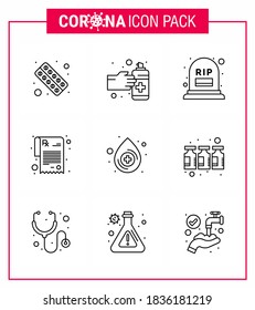 CORONAVIRUS 9 Line Icon set on the theme of Corona epidemic contains icons such as  blood; prescription; medication; pharmacy; mortality viral coronavirus 2019-nov disease Vector Design Elements