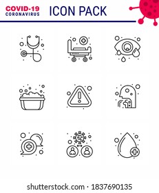 CORONAVIRUS 9 Line Icon zum Thema Corona-Epidemie enthält Symbole wie Warnhinweise; Fehler; Auge; Seifenwasser; Hand waschend virales Coronavirus 2019-nov Krankheit Vektor Design Elements